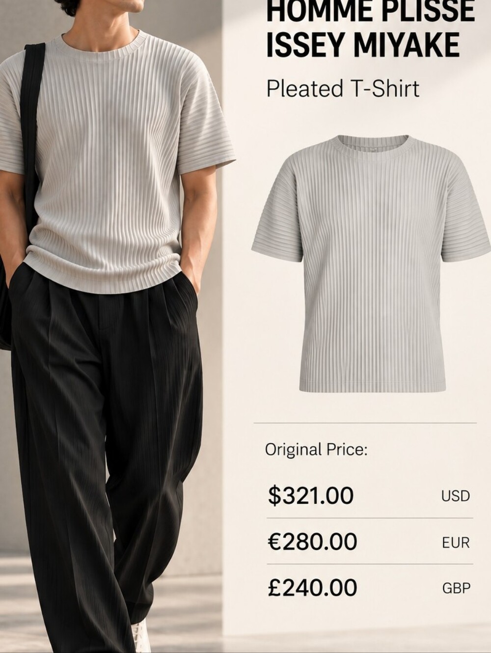 Issey Miyake Cream Pleated T-Shirt with Black Pleated Chinos